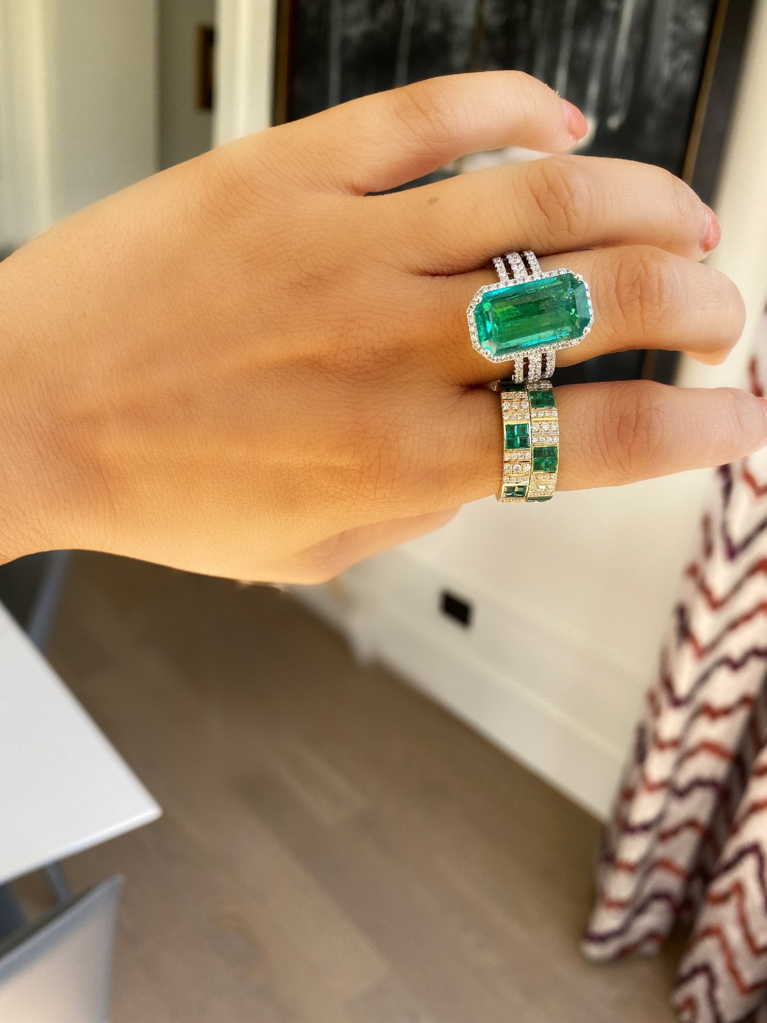 Pinstripe Strength Diamond Cigar Band Ring with Emerald