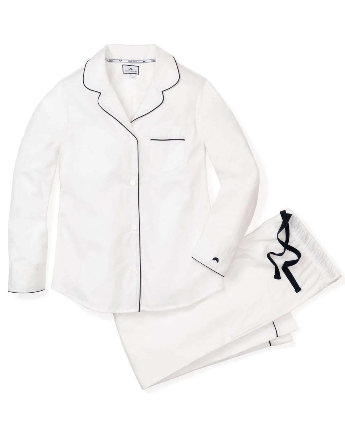 Women’s White Twill Pajama Set with Navy Piping