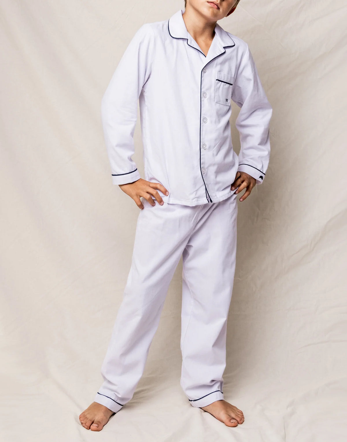 White Pajama Set with Navy Piping