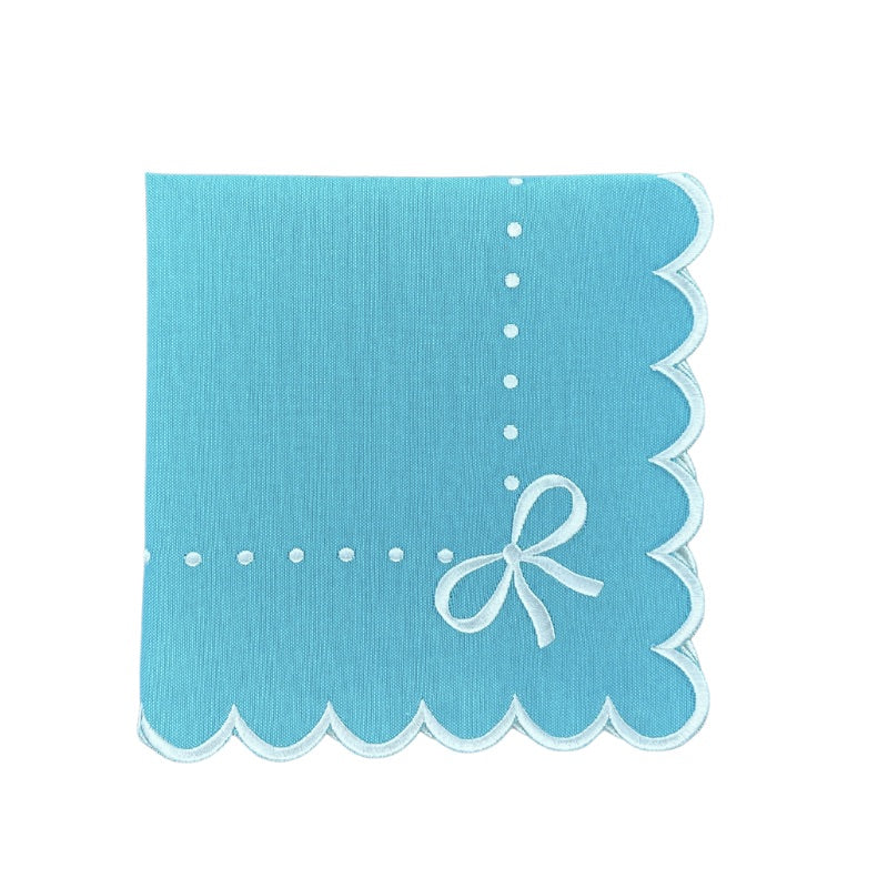 Embroidered robin egg blue napkin with bows, luxury napkin, luxury placemat