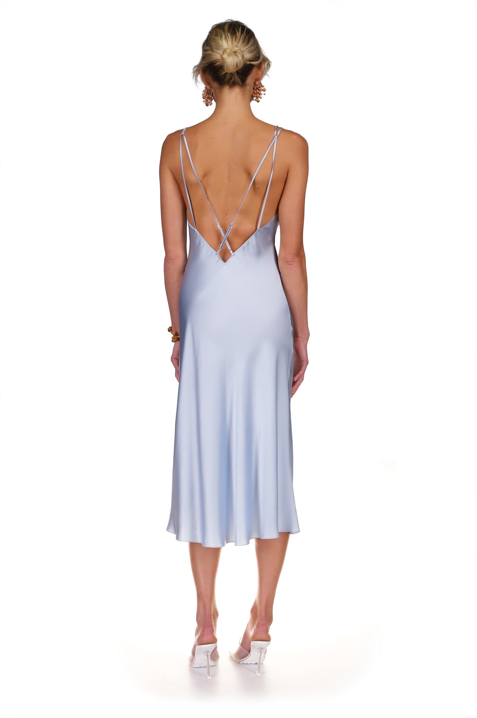 Midi Slip Dress with Cross Back in Blue Breeze