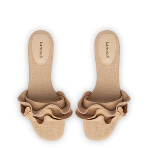 Ivy Ruffle Flat Mule In Beige Raffia