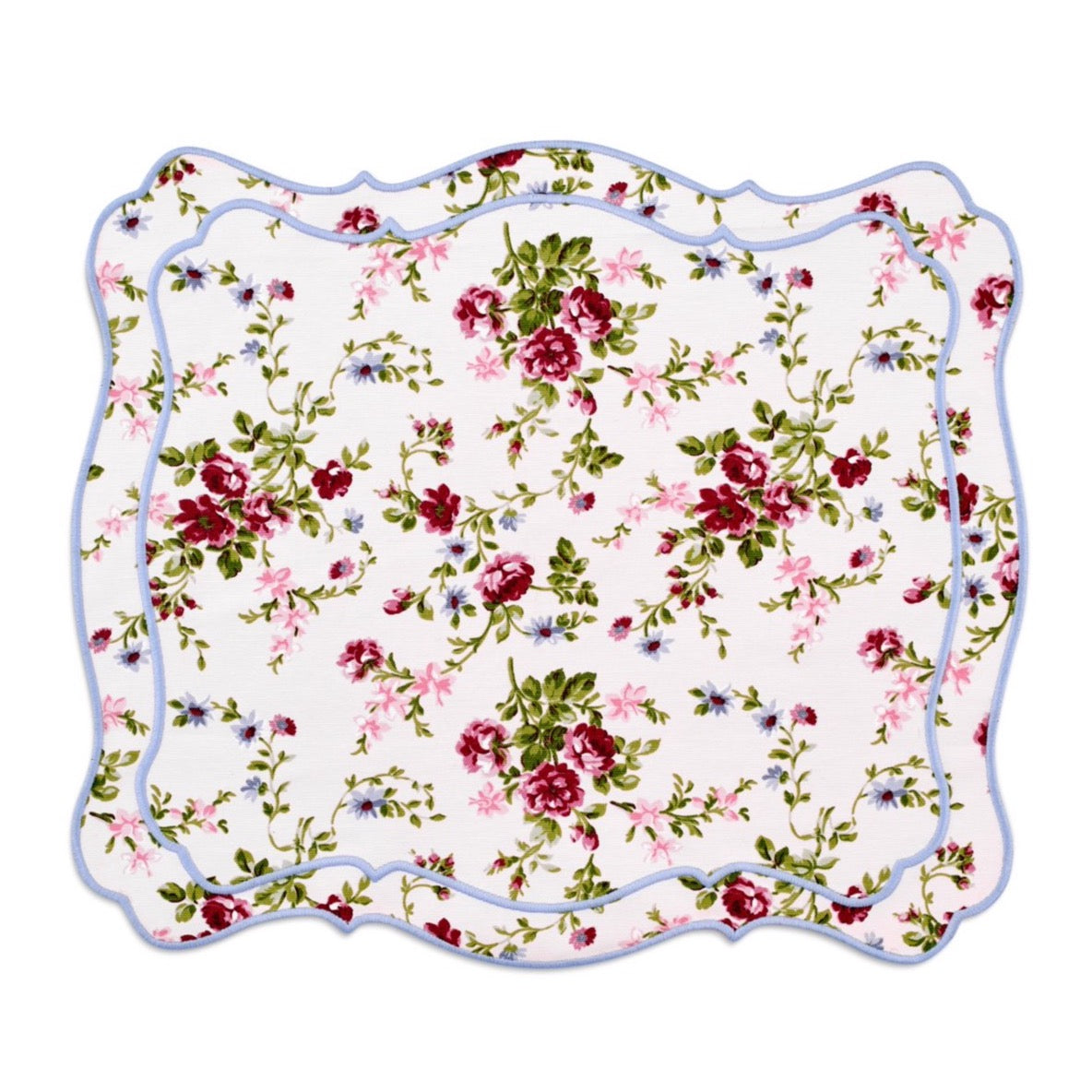 OTM Exclusive: Aline Placemat and Napkin Set in Pink with Serenity Blue Embroidery