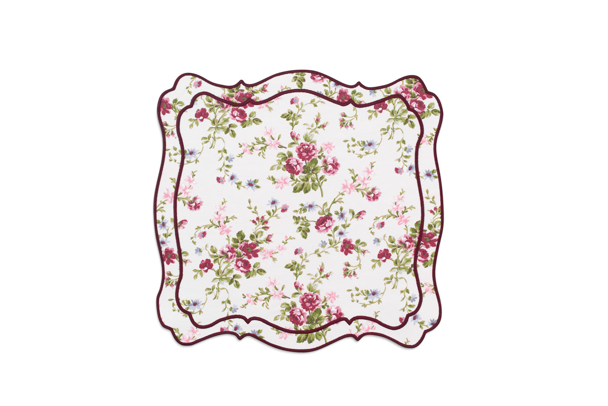 OTM Exclusive: Aline Placemat and Napkin Set in Pink with Burgundy Embroidery