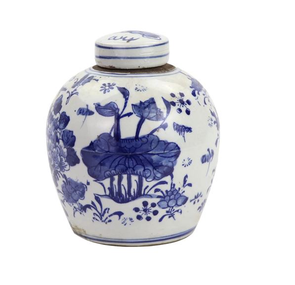 Blue and White Tiny Lid Mini Jar Peony Lotus Motif