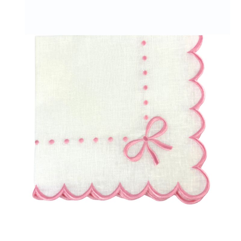 luxury white Swiss linen napkin with pink embroidered bow.