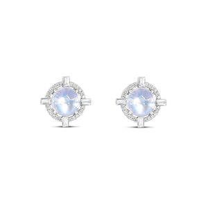 Round Starburst Moonstone and Diamond Stud Earrings