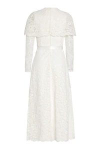 Vera White Lace Capelet Dress with Scalloped Hem