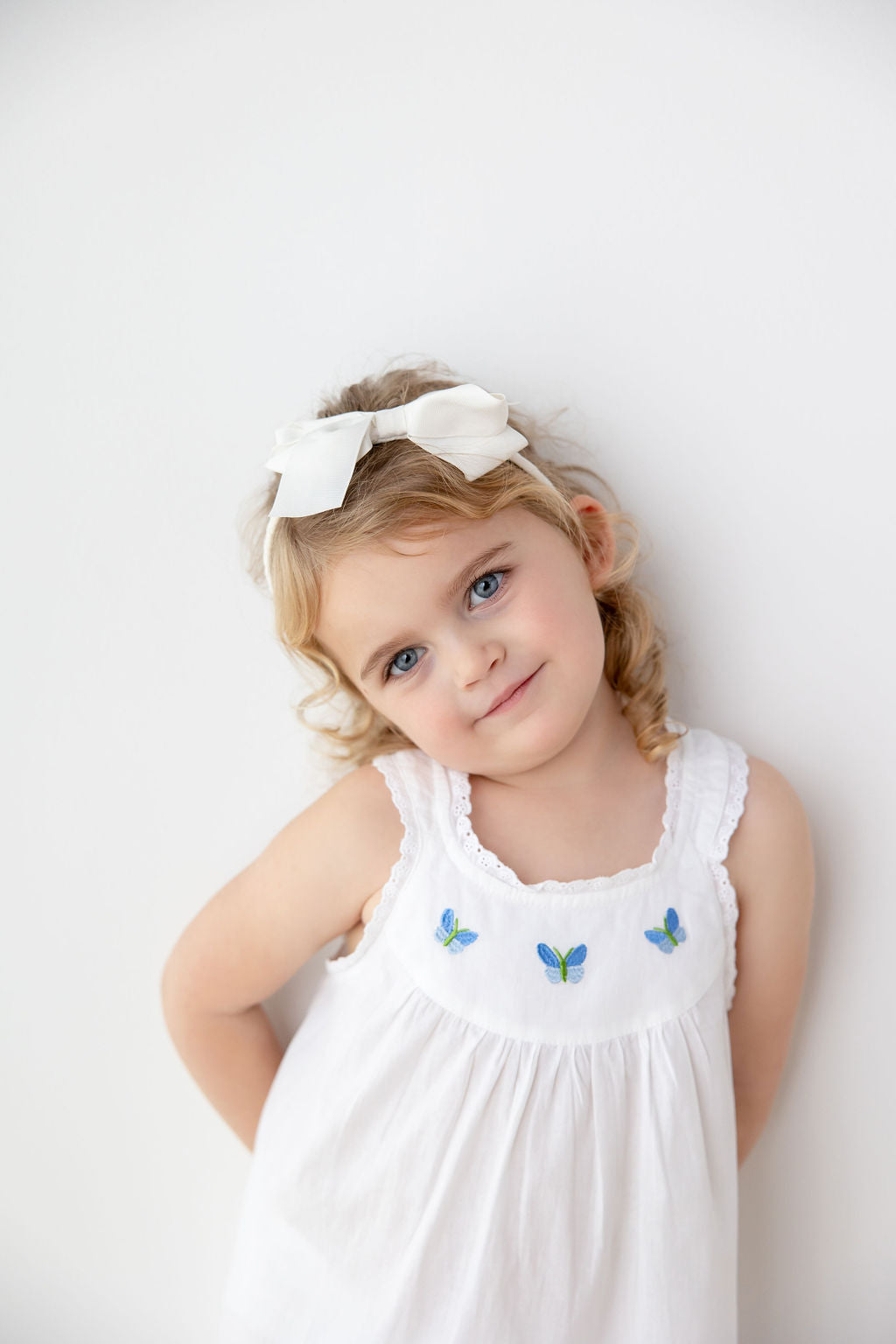 Zoe White Cotton Dress with Blue Butterfly Embroidery